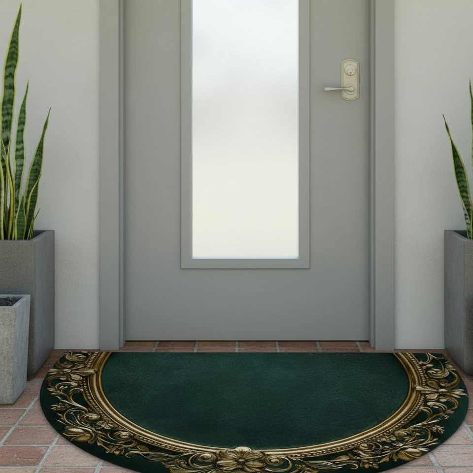 Semicircular Door Mat with Gold Border Dark Green Padded Non Slip Heavy Duty 3
