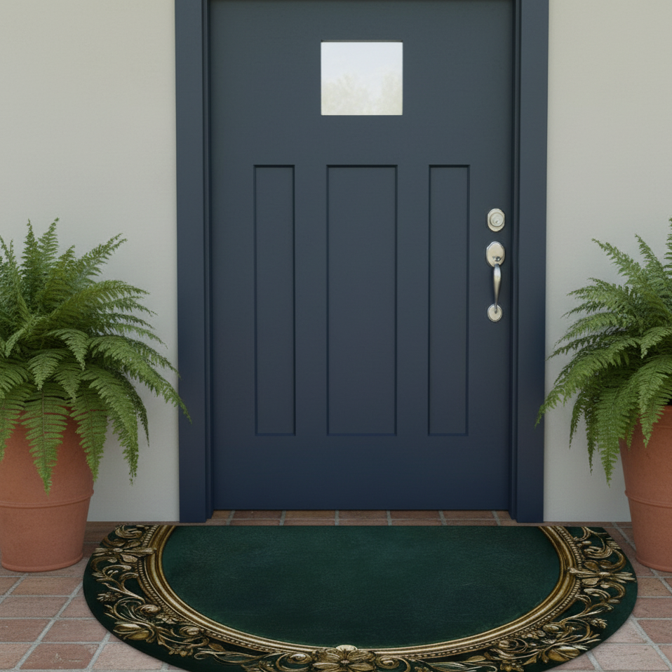 Semicircular Door Mat with Gold Border Dark Green Padded Non Slip Heavy Duty 2