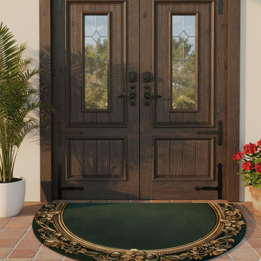 Semicircular Door Mat with Gold Border Dark Green Padded Non Slip Heavy Duty 1