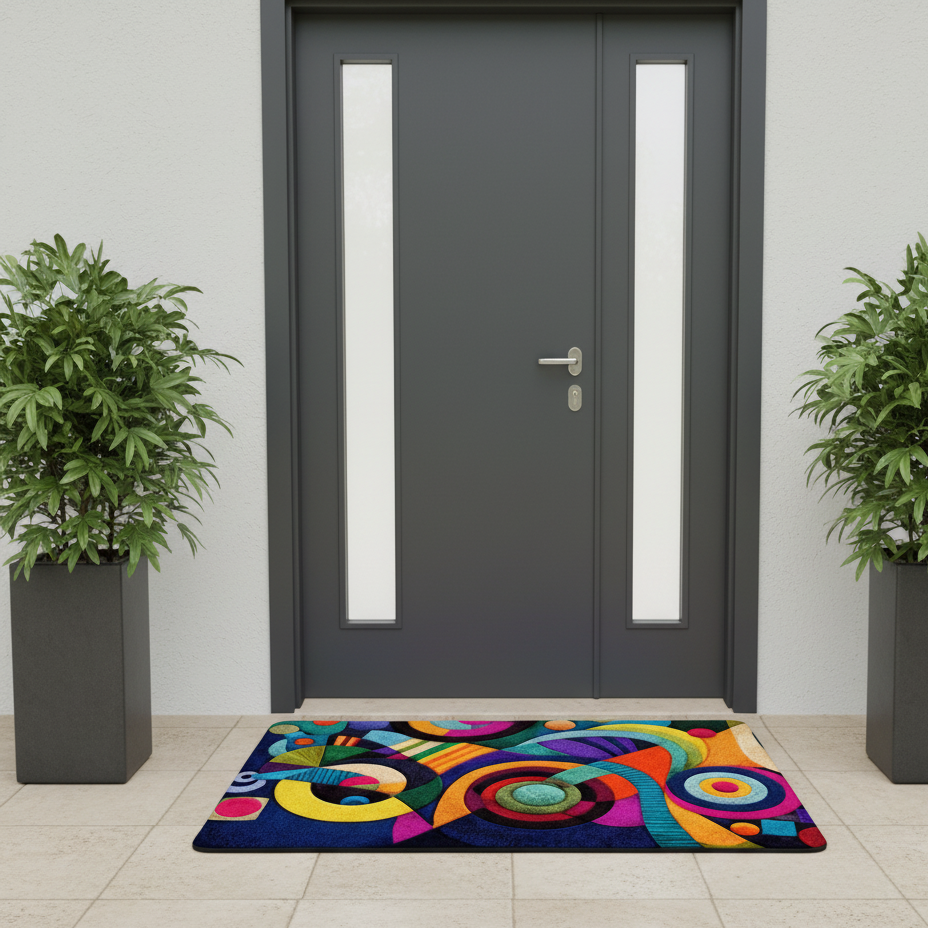 Colorful doormat with abstract design in front of a gray door, flanked by two potted plants.