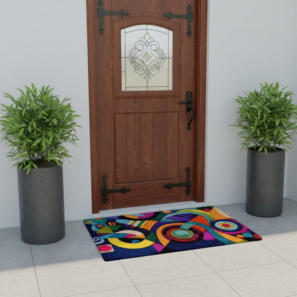 Colorful doormat in front of a wooden door with decorative glass panel, flanked by two potted plants.
