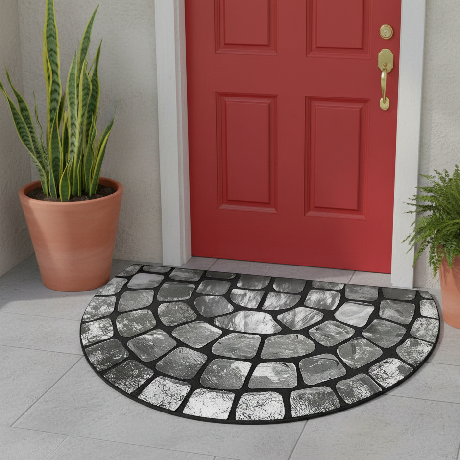 Stone Pattern Semi-Circular Door Mat Polyester 60x90cm 3
