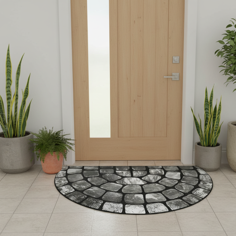 Stone Pattern Semi-Circular Door Mat Polyester 60x90cm 2