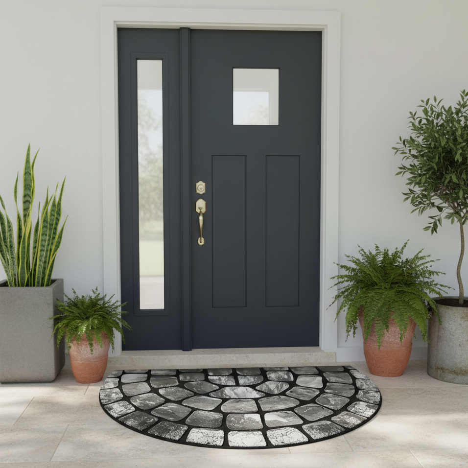 Stone Pattern Semi-Circular Door Mat Polyester 60x90cm 1