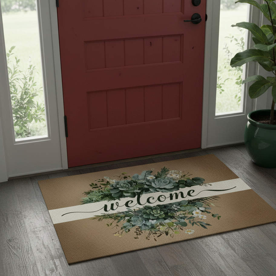 Non-Slip Welcome Doormat Botanical Floral Succulent Design 60x90cm 2