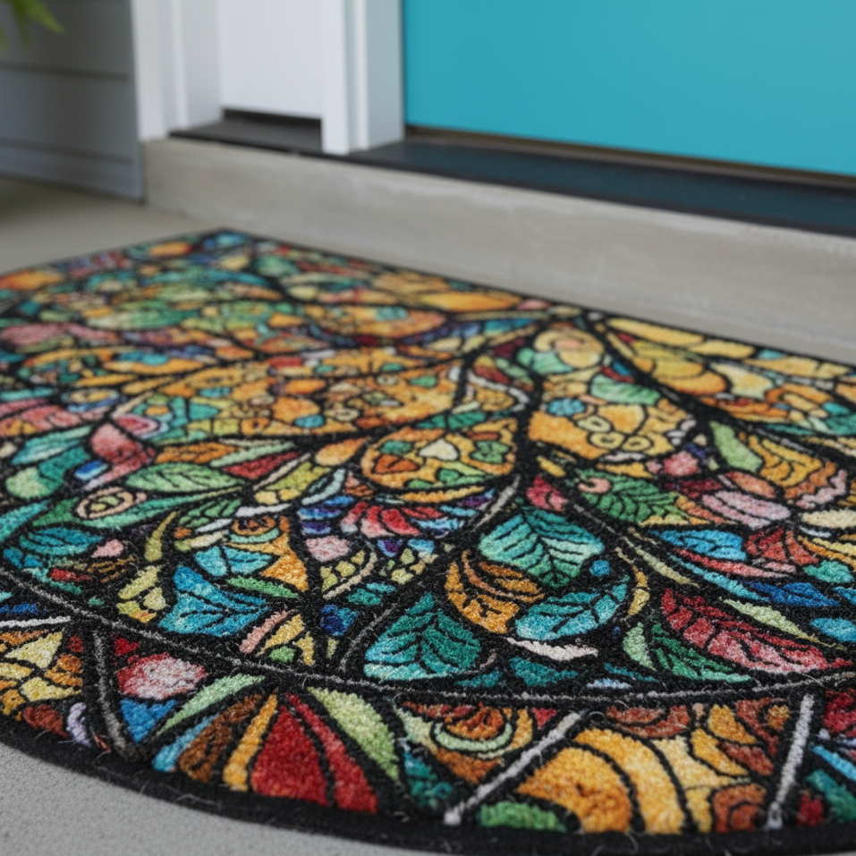 Vivid Semicircular Printed Welcome Mat Colorful Tree Design Non-Slip Machine Washable Entrance Carpet 60x90cm 1
