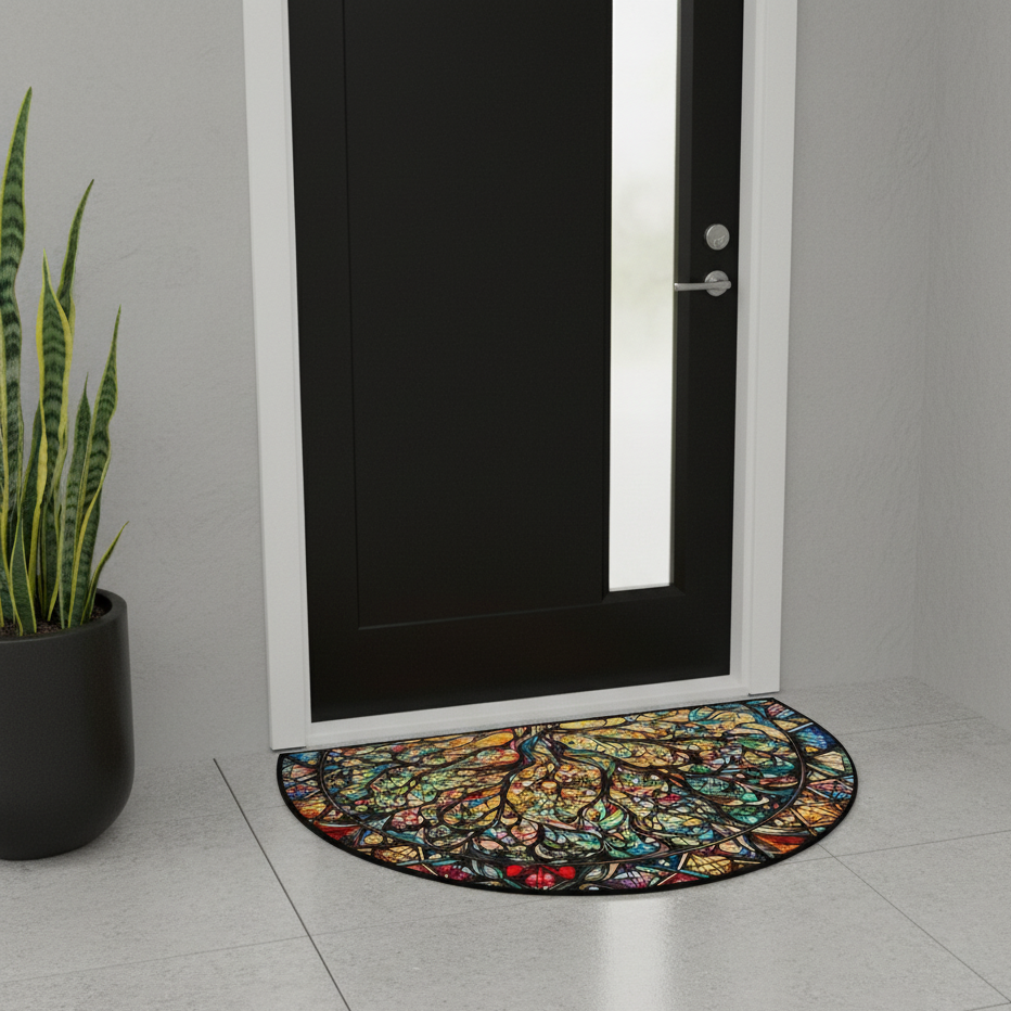 Vivid Semicircular Printed Welcome Mat Colorful Tree Design Non-Slip Machine Washable Entrance Carpet 60x90cm 2