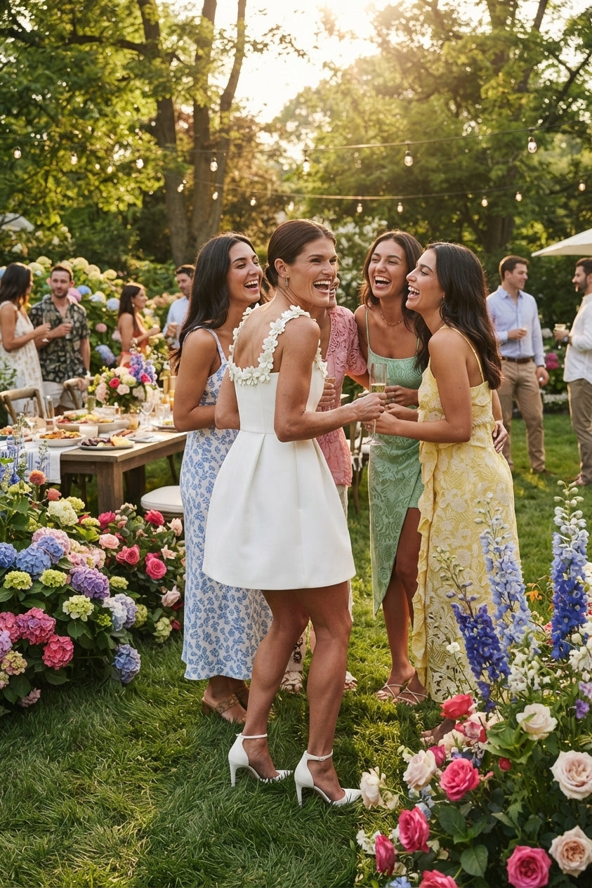 Three women laughing outdoors at a garden party, wearing short dresses in white, blue, and yellow. The scene is filled with flowers, guests, and warm sunlight filtering through trees.