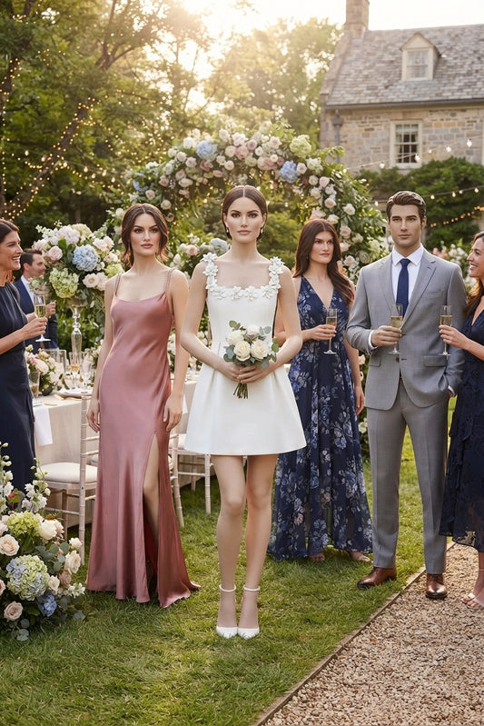 A bride in a short white sleeveless dress with ruffled straps stands outdoors at an altar holding a bouquet, surrounded by guests in formal wear. A woman in a dusty rose satin gown stands to her left, and a man in a light gray suit stands to her right.