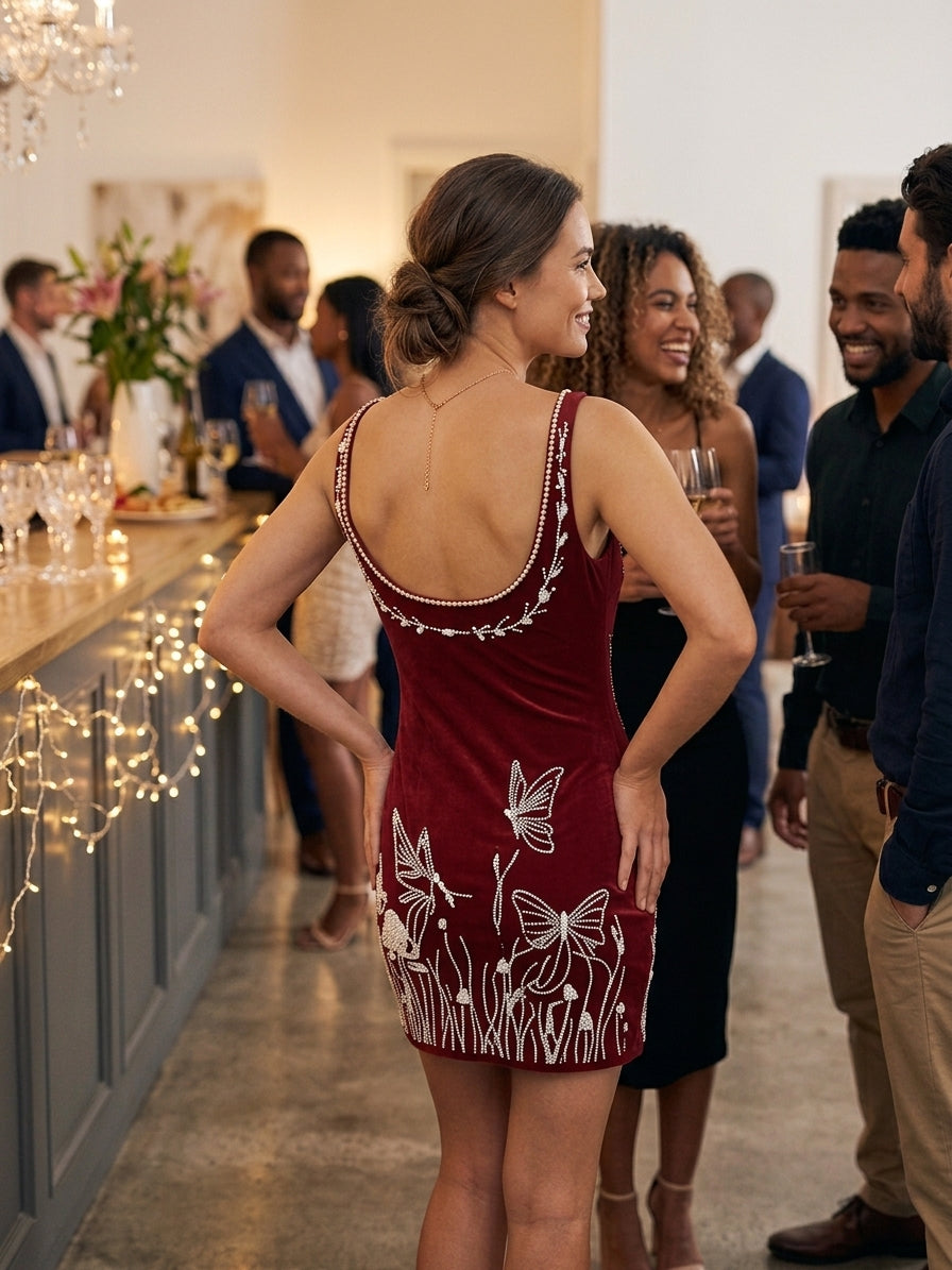A woman standing at a social event, wearing a sleeveless burgundy velvet mini dress with white butterfly and floral embroidery on the back and hem.
