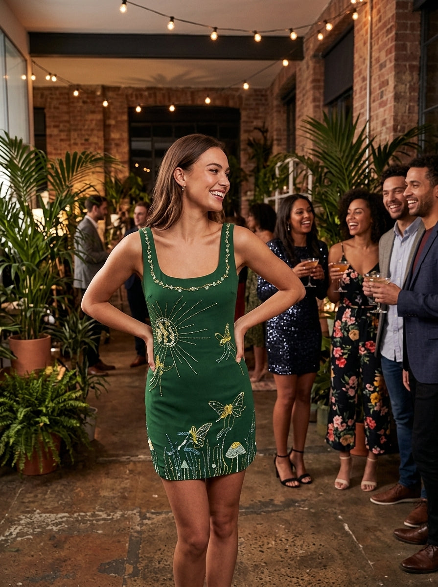 A woman wearing a green sleeveless mini dress with embroidered dandelion and butterfly details stands in a social event space with brick walls, string lights, and potted plants. Other guests are visible in the background.