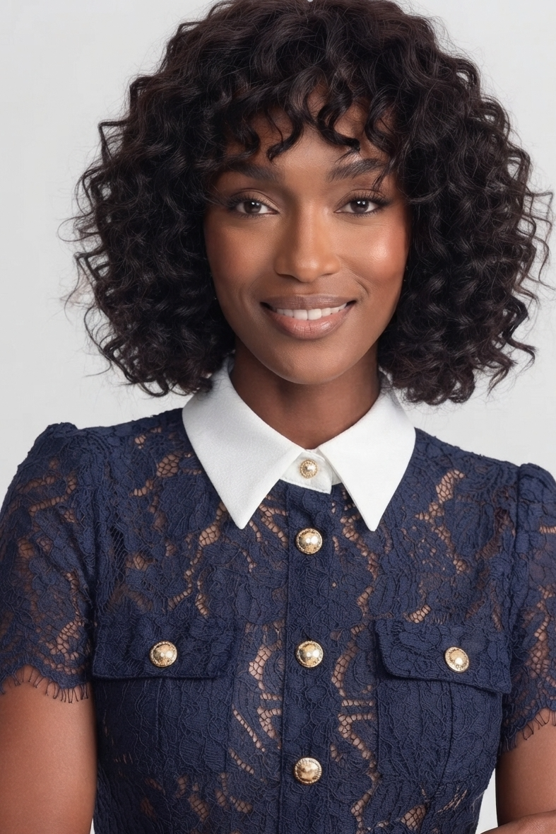 A woman with curly black hair wearing a navy blue lace short-sleeve top with a white pointed collar and gold buttons, photographed against a light gray studio background.