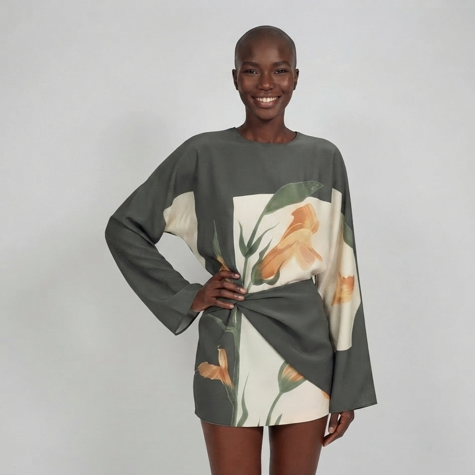 A model wearing a short-sleeved, asymmetrical mini dress with a dark gray base and a large floral print in cream, green, and orange, posed against a light gray studio background.