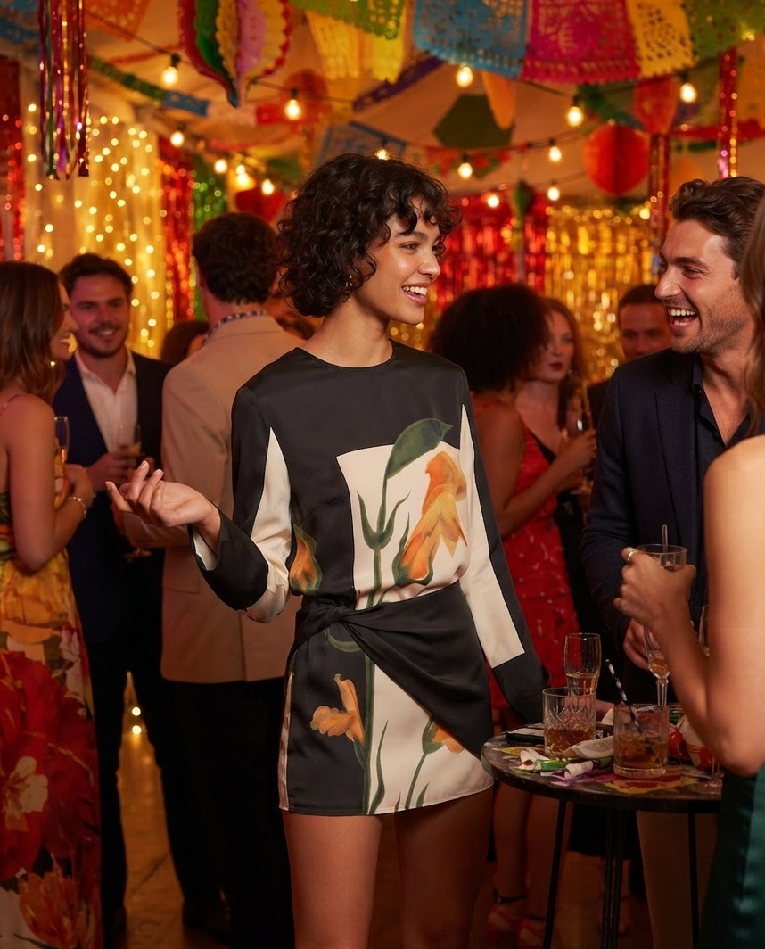 A woman at a lively party wearing a black and cream mini dress with a large orange and green floral print. The background is decorated with colorful papel picado, warm string lights, and other guests mingling.