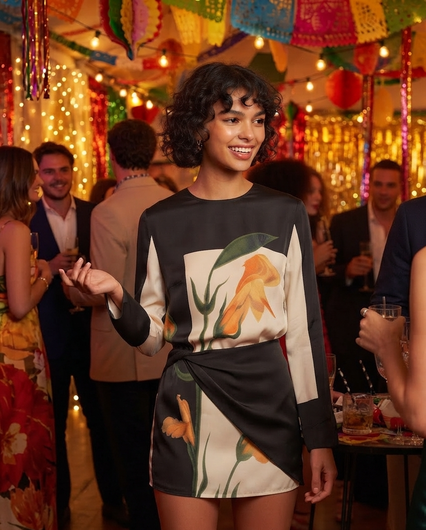 A woman stands in a decorated party setting wearing a black and cream long-sleeve mini dress with a large orange and green floral print on the front panel and skirt.