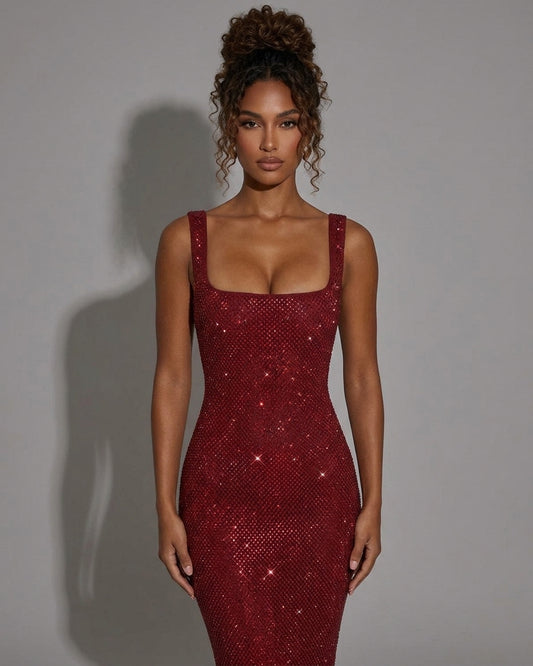A woman modeling a sleeveless, bodycon red dress covered in sparkling sequins against a plain gray studio background.