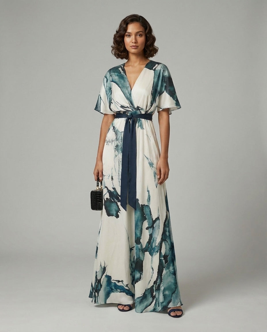 A woman models a long white maxi dress with a blue and green abstract watercolor print, featuring a V-neckline, short flutter sleeves, and a matching waist tie belt. She is standing against a neutral gray studio background.