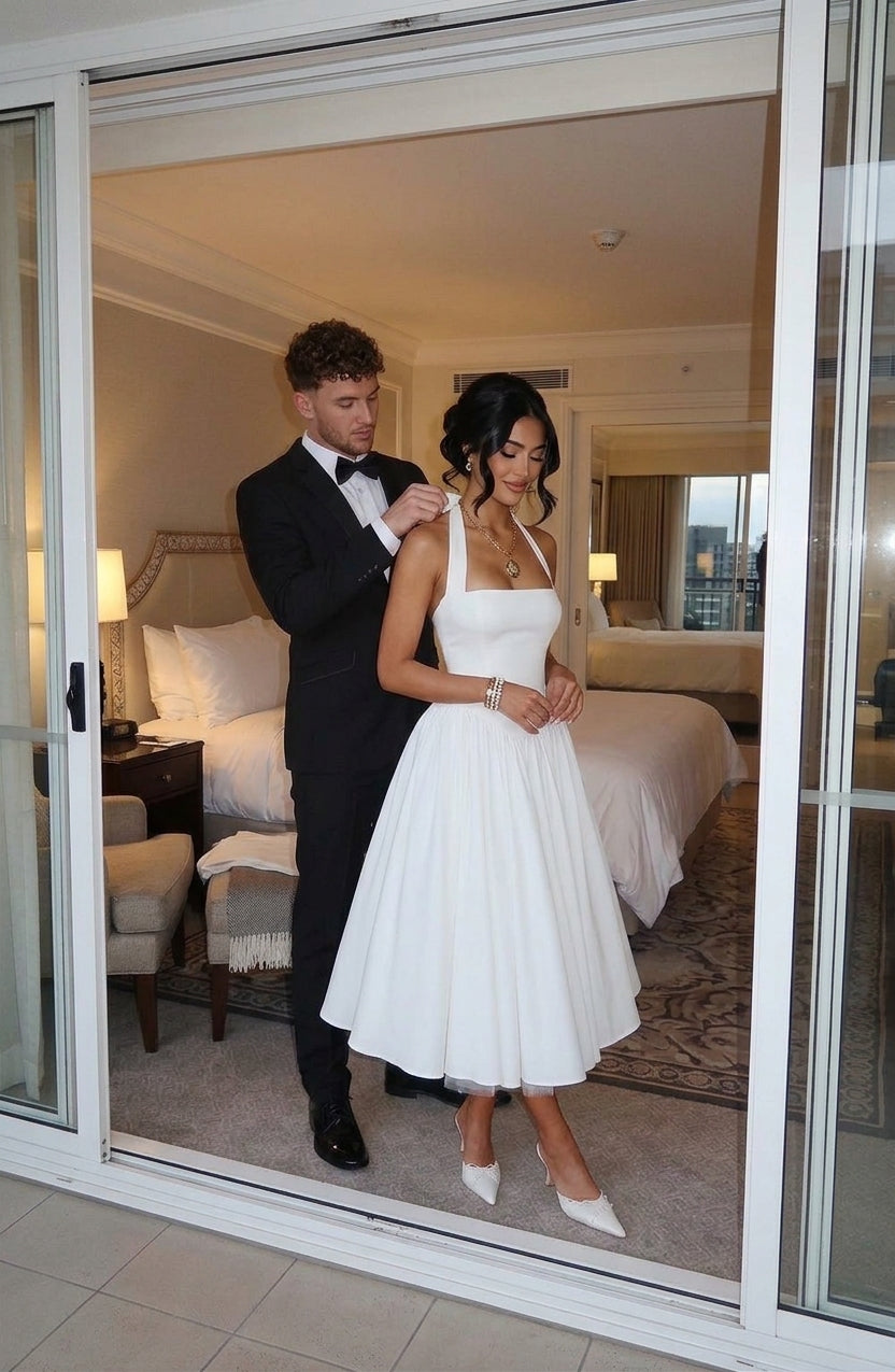 A woman in a white sleeveless A-line midi dress and white heels stands in front of a man in a black tuxedo and bow tie, inside a hotel room viewed through large sliding glass doors.