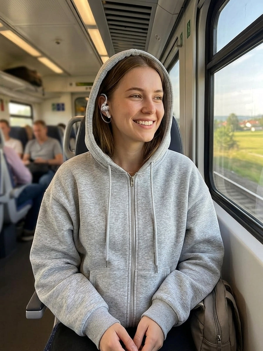 A woman smiling while sitting on a train, wearing a light gray zip-up hoodie. The photo is taken inside the train next to a window, with other passengers blurred in the background.