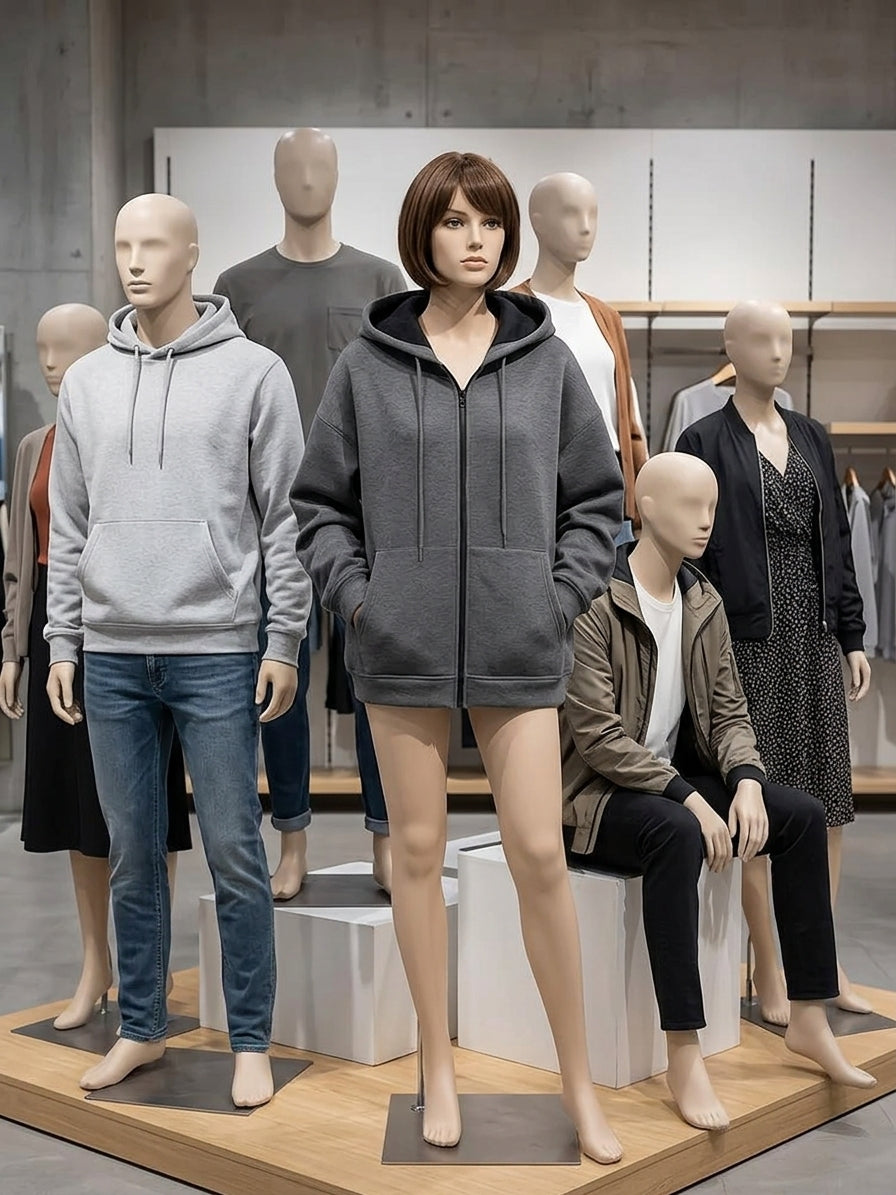 A retail display featuring multiple mannequins wearing apparel in a modern store interior. The central mannequin wears an oversized dark gray zip-front hoodie, while surrounding mannequins display other clothing including a light gray hoodie, jeans, a black dress, and a brown jacket.