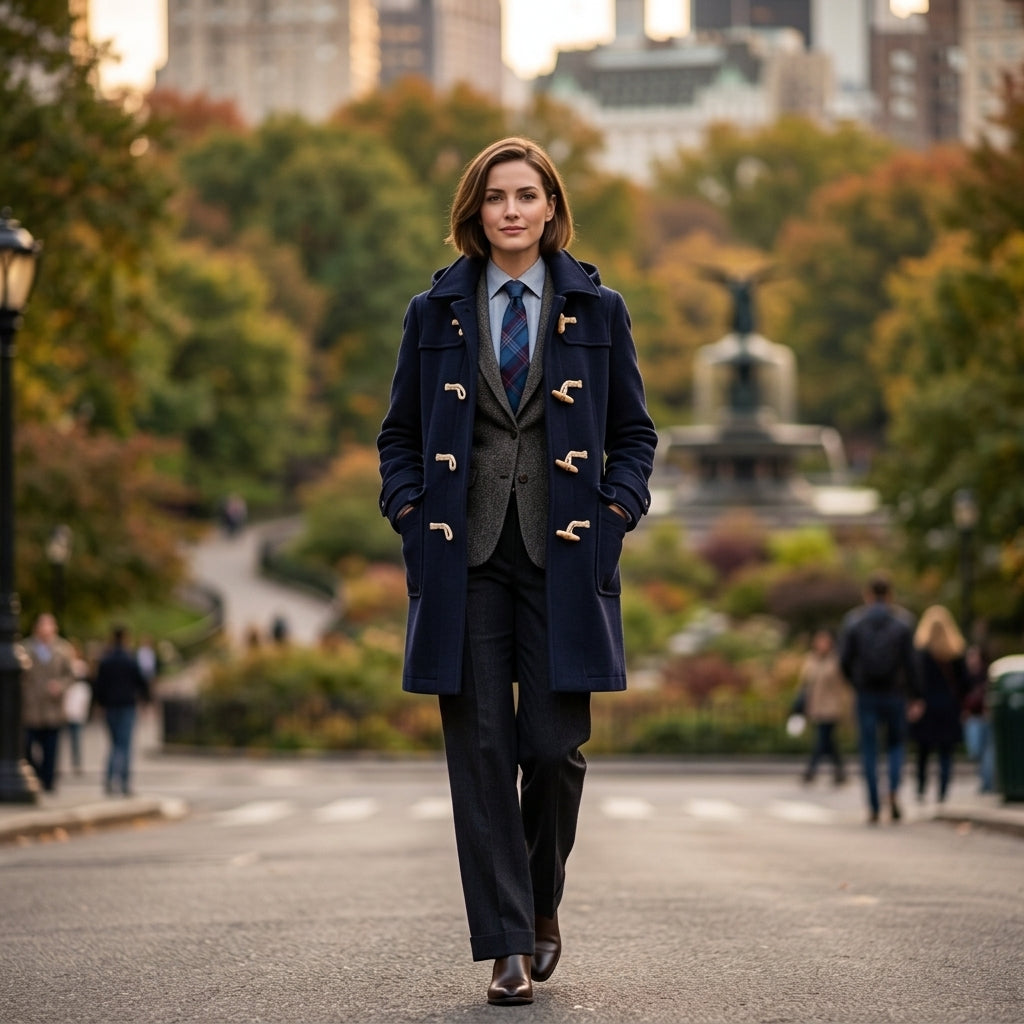 A woman walking outdoors in a city park area wearing a dark navy wool-blend duffel coat with gold-toned toggle buttons, a gray vest, a blue patterned tie, and dark trousers.