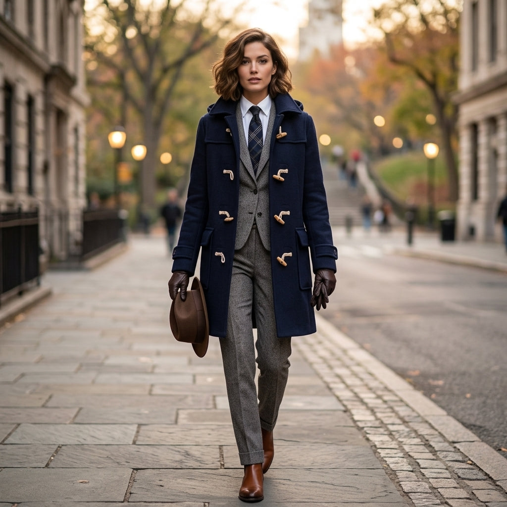 A woman walks down a city street wearing a navy blue duffel coat over a gray three-piece suit, with a white shirt, dark tie, brown gloves, and brown shoes, holding a brown hat.