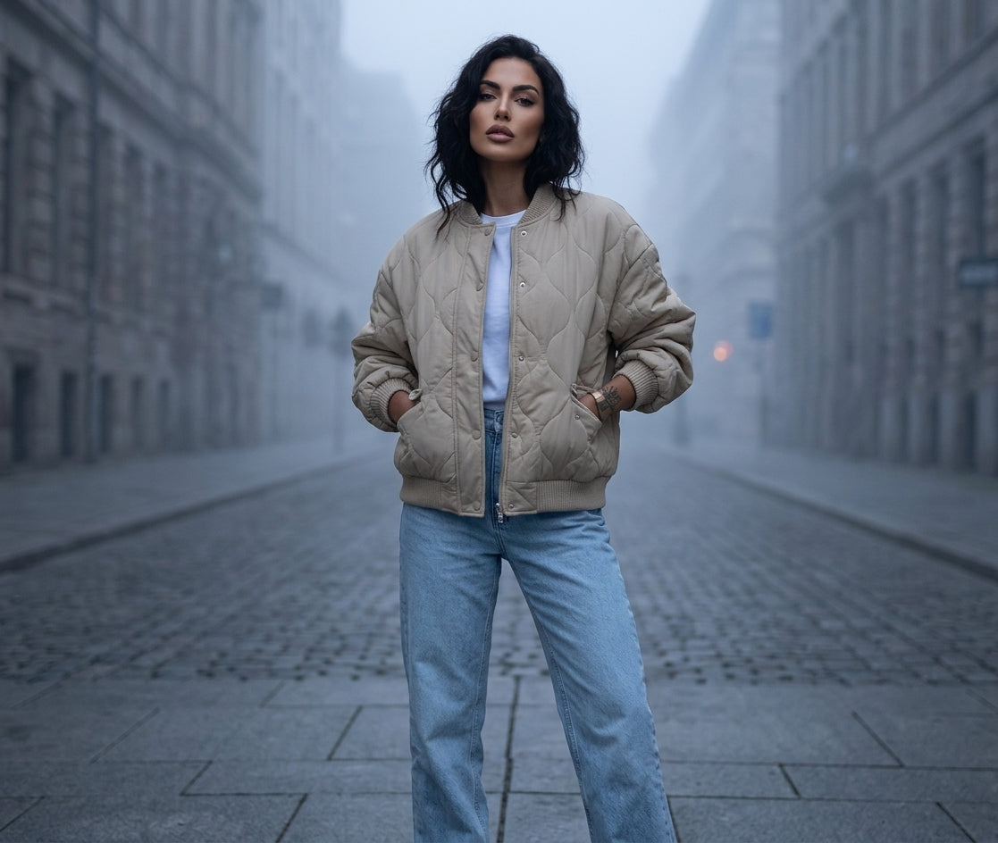 A woman stands on a foggy city street wearing a beige quilted bomber jacket over a white top and light blue jeans.