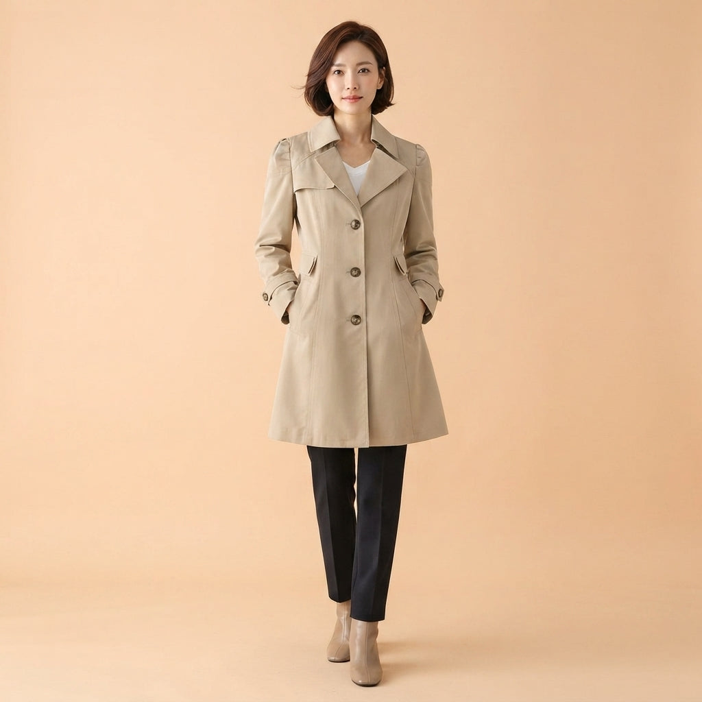 A woman modeling a light beige trench coat over a white top and dark charcoal pants, standing against a solid peach-colored studio background.