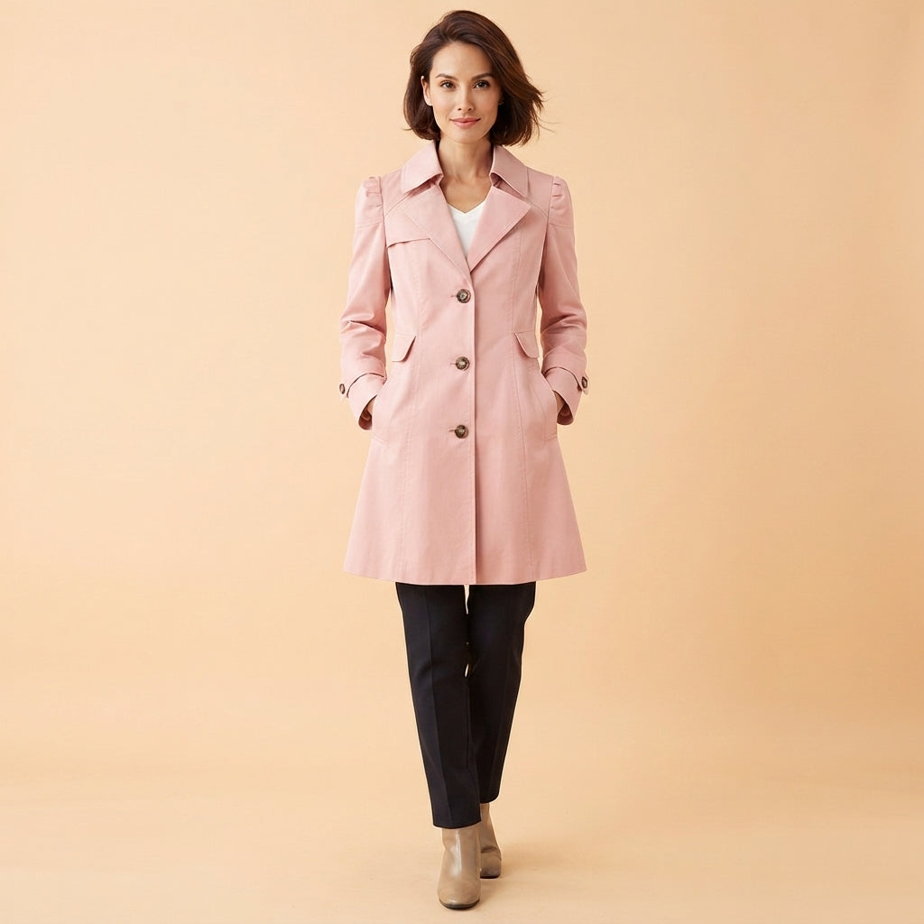 A woman modeling a light pink knee-length coat with structured shoulders, notched lapels, and front buttons, paired with black pants and beige ankle boots against a solid beige studio background.