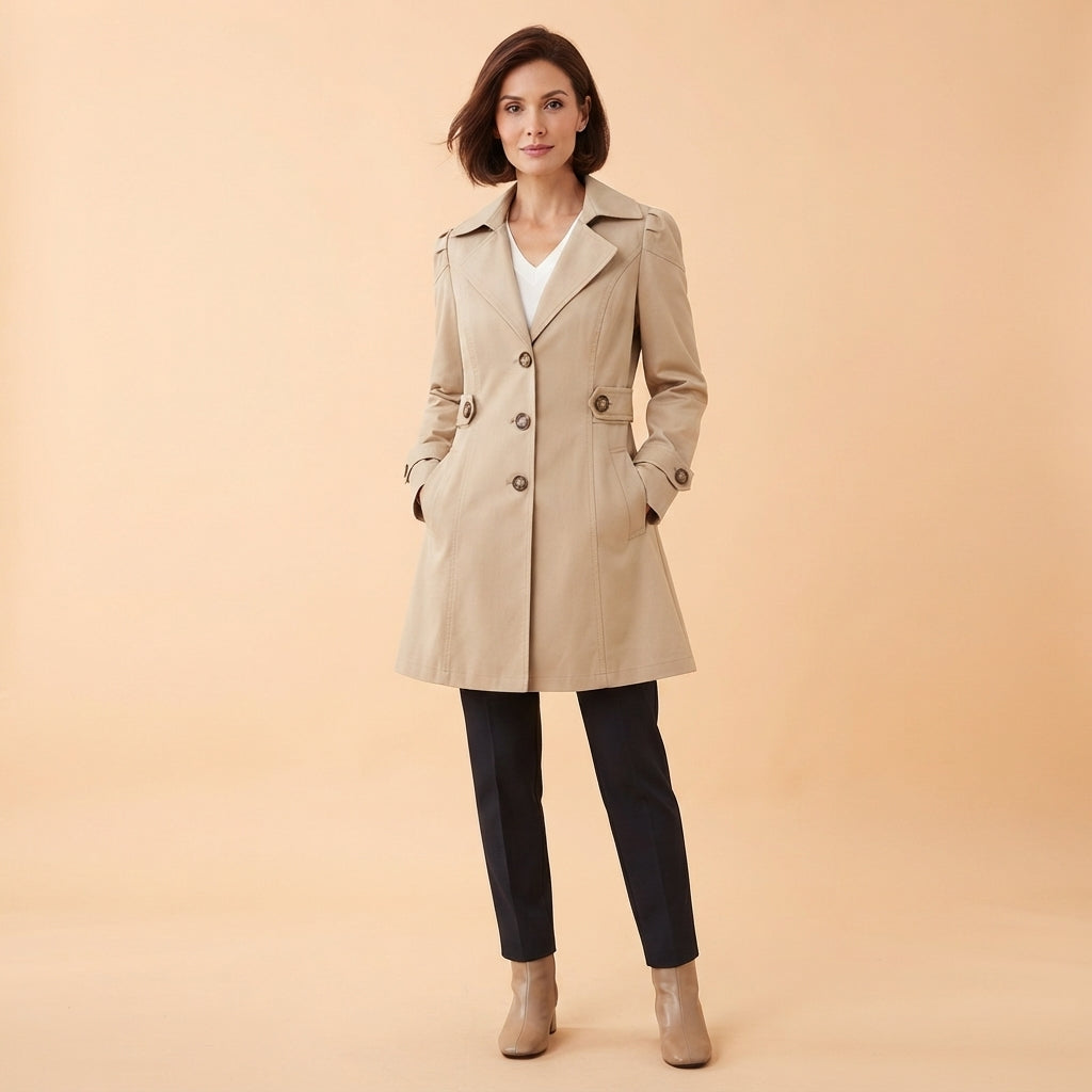 A woman modeling a beige double-breasted trench coat over a white top and black pants, standing against a solid beige studio background.