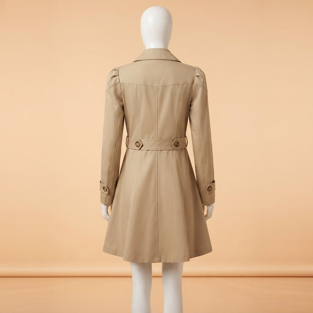 A beige trench coat displayed on a white mannequin from the back, set against a solid peach-colored studio background.
