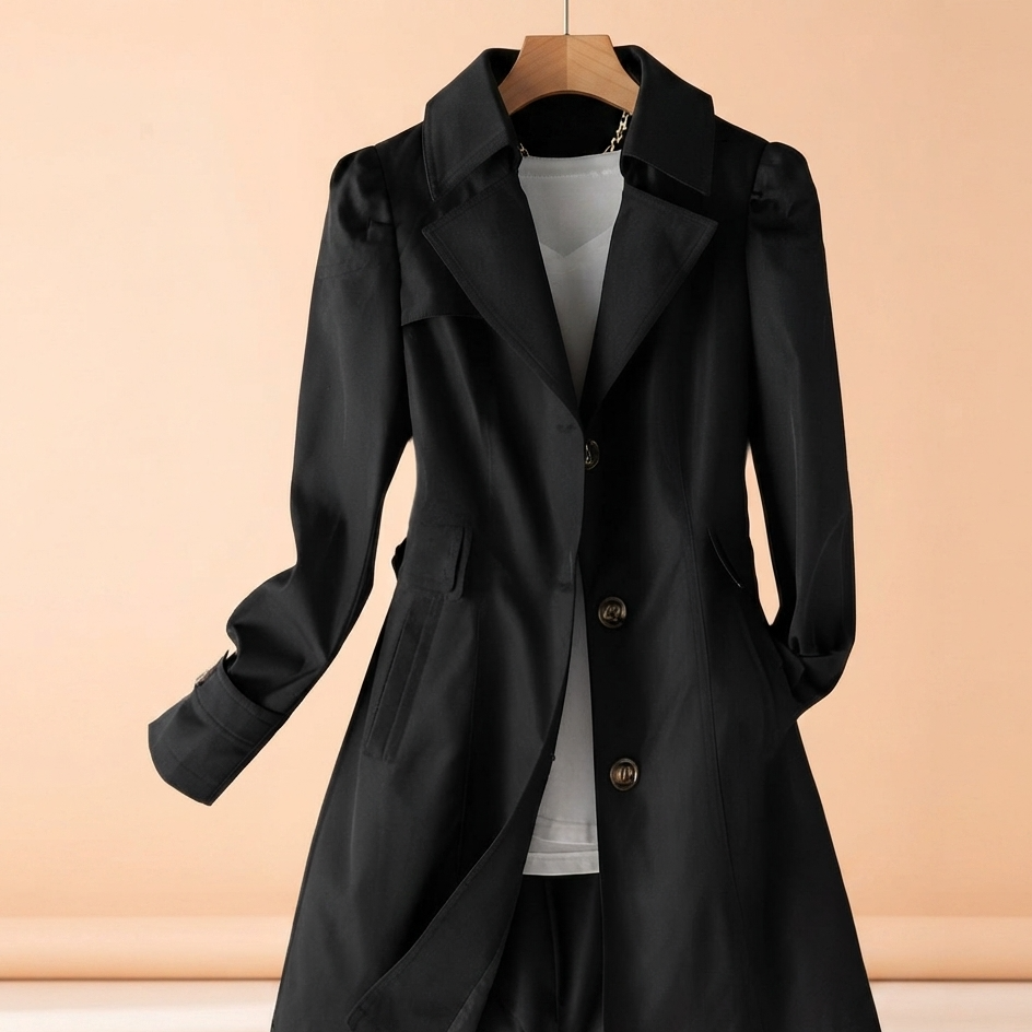 A black longline trench-style coat with structured shoulders and a notched collar, shown hanging on a wooden hanger against a soft peach background. A white top is visible underneath.