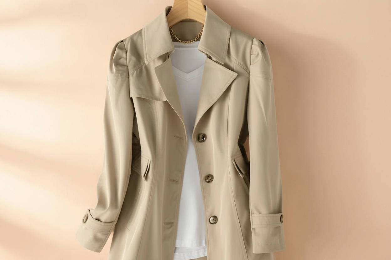 A beige trench coat with structured shoulders and a notched lapel, shown hanging on a wooden hanger over a white top and matching shorts against a soft peach background.