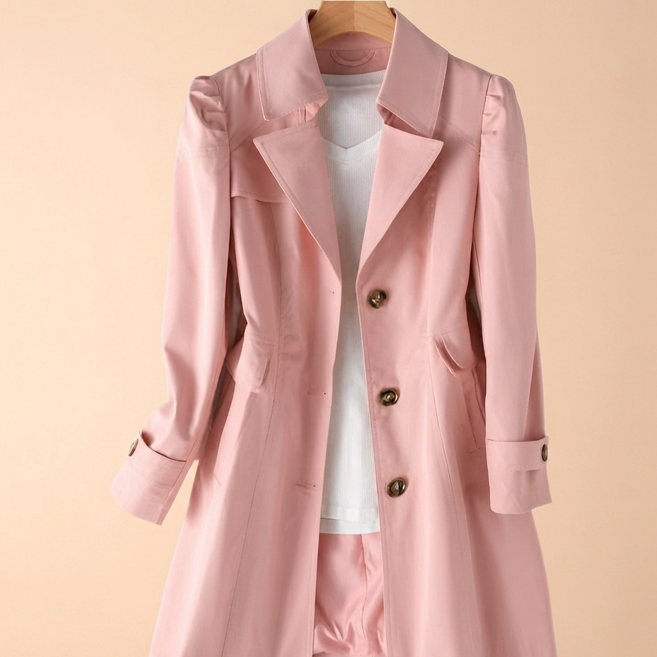 A light pink trench coat with structured shoulders and dark brown buttons, styled over a white top and matching pink shorts on a wooden hanger against a solid beige background.