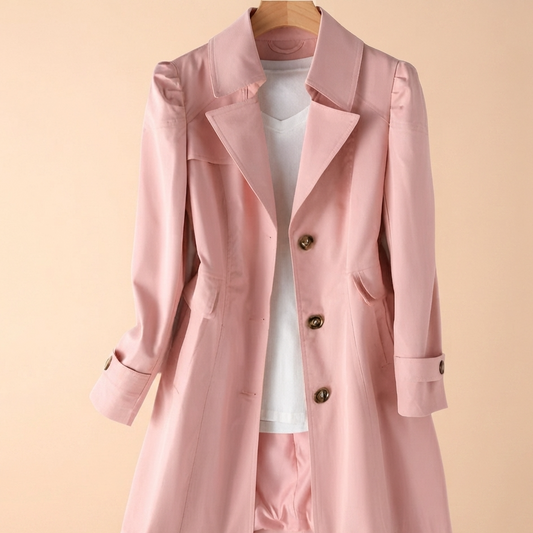 A light pink trench coat with structured shoulders and dark brown buttons, styled over a white top and matching pink shorts on a wooden hanger against a solid beige background.