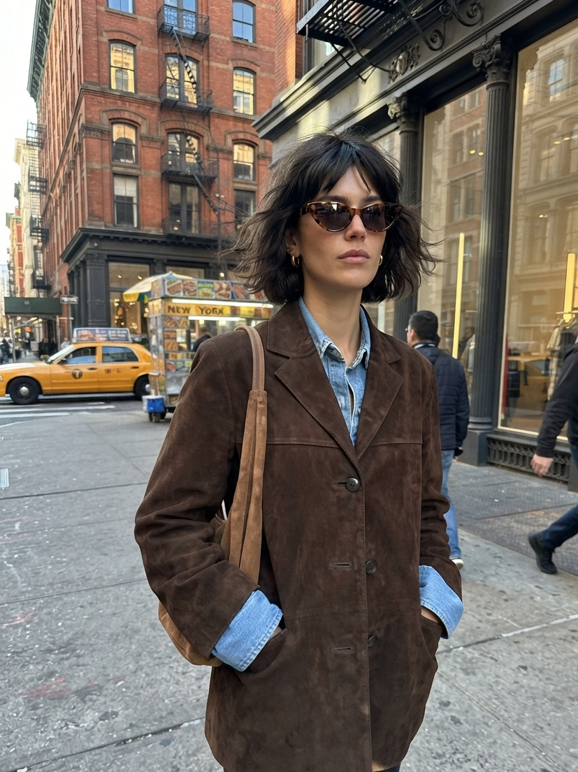 A woman wearing a brown suede blazer over a light blue denim shirt, standing on a city street with pedestrians, buildings, and a yellow taxi in the background.