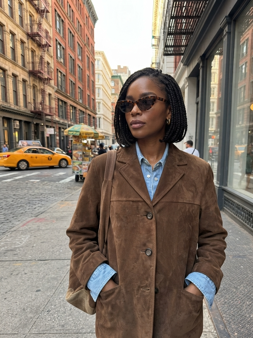 A woman stands on a city sidewalk wearing a brown suede-like blazer over a light blue button-up shirt, with dark sunglasses and a shoulder bag, against a blurred urban street background with a yellow cab.