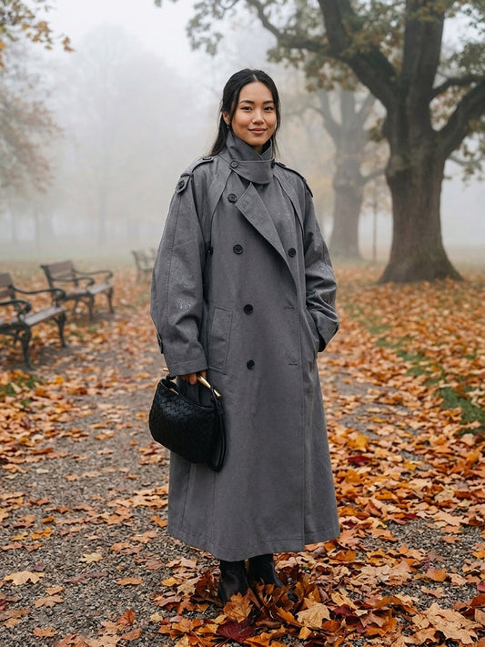 A woman wearing a long gray double-breasted trench coat stands in a misty autumn park with fallen leaves, holding a black handbag.