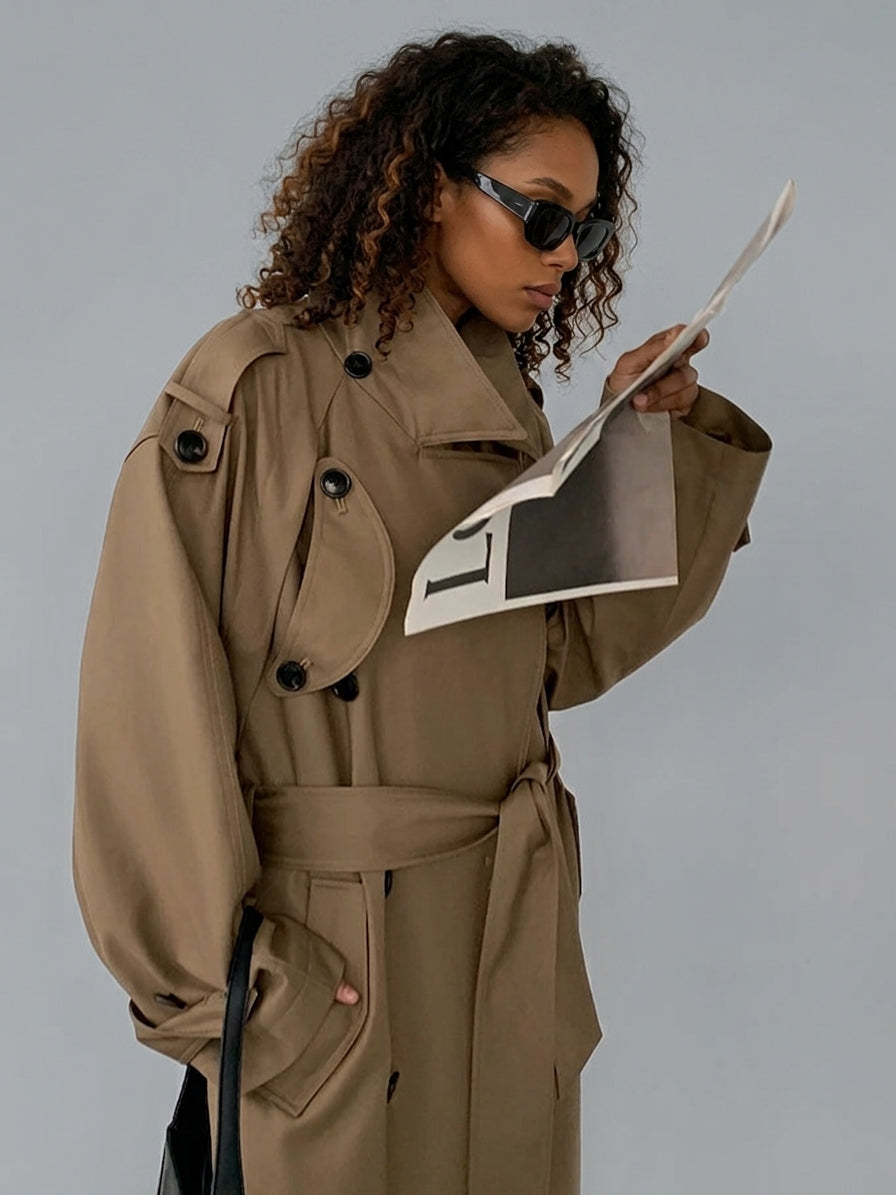 A woman with curly hair wearing a beige trench coat and dark sunglasses, holding a magazine against a plain gray studio background.