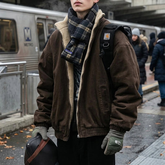 A person standing on a subway platform wearing a brown Carhartt jacket with a beige sherpa collar, a dark plaid scarf, a black backpack, and gray gloves, with a silver train in the background.