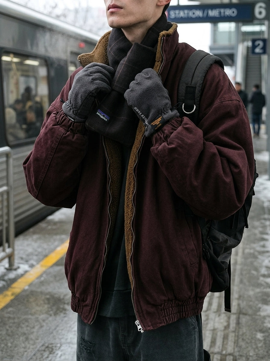A person standing on a subway platform wearing a burgundy Patagonia jacket with a brown fleece lining, a dark scarf, black gloves, and a black backpack.