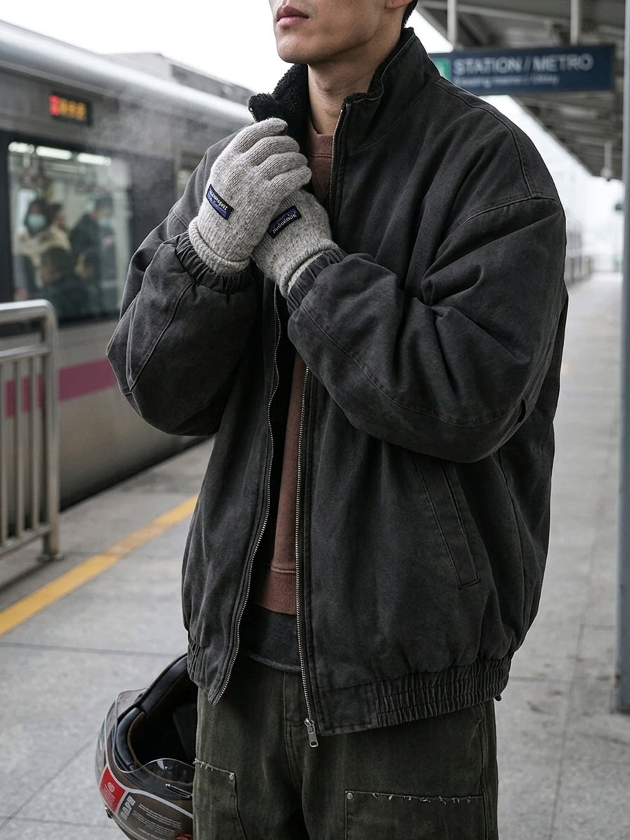 A man wearing a dark charcoal zip-up jacket, gray knit gloves, and dark cargo pants stands on a train station platform next to a metro train.