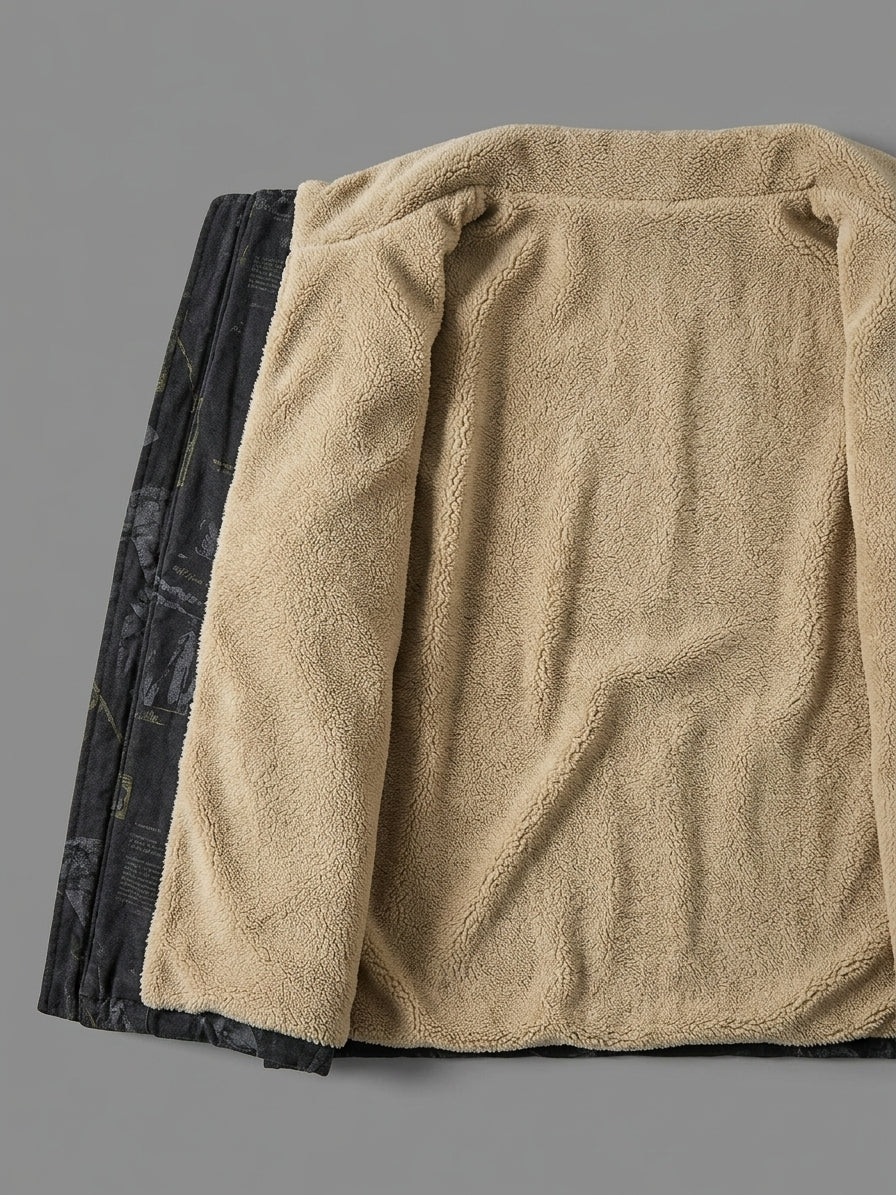 A folded beige sherpa fleece jacket or hoodie shown from the back, with a dark camouflage-patterned outer shell layer partially visible underneath, photographed on a solid gray background.