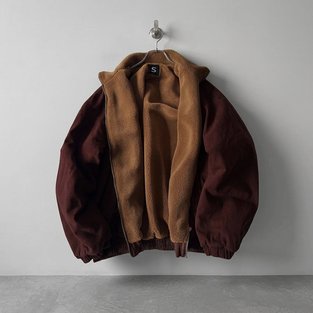 A hooded jacket with a tan sherpa fleece interior and a dark brown body, hanging on a metal hanger against a light gray wall.