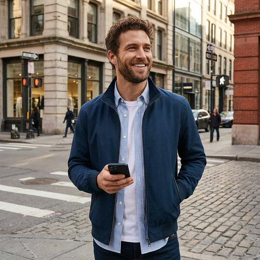 A man standing on a city street wearing a navy blue zip-up jacket over a light blue and white checkered button-down shirt and a white t-shirt. He is holding a black smartphone and smiling, with buildings and pedestrians in the background.