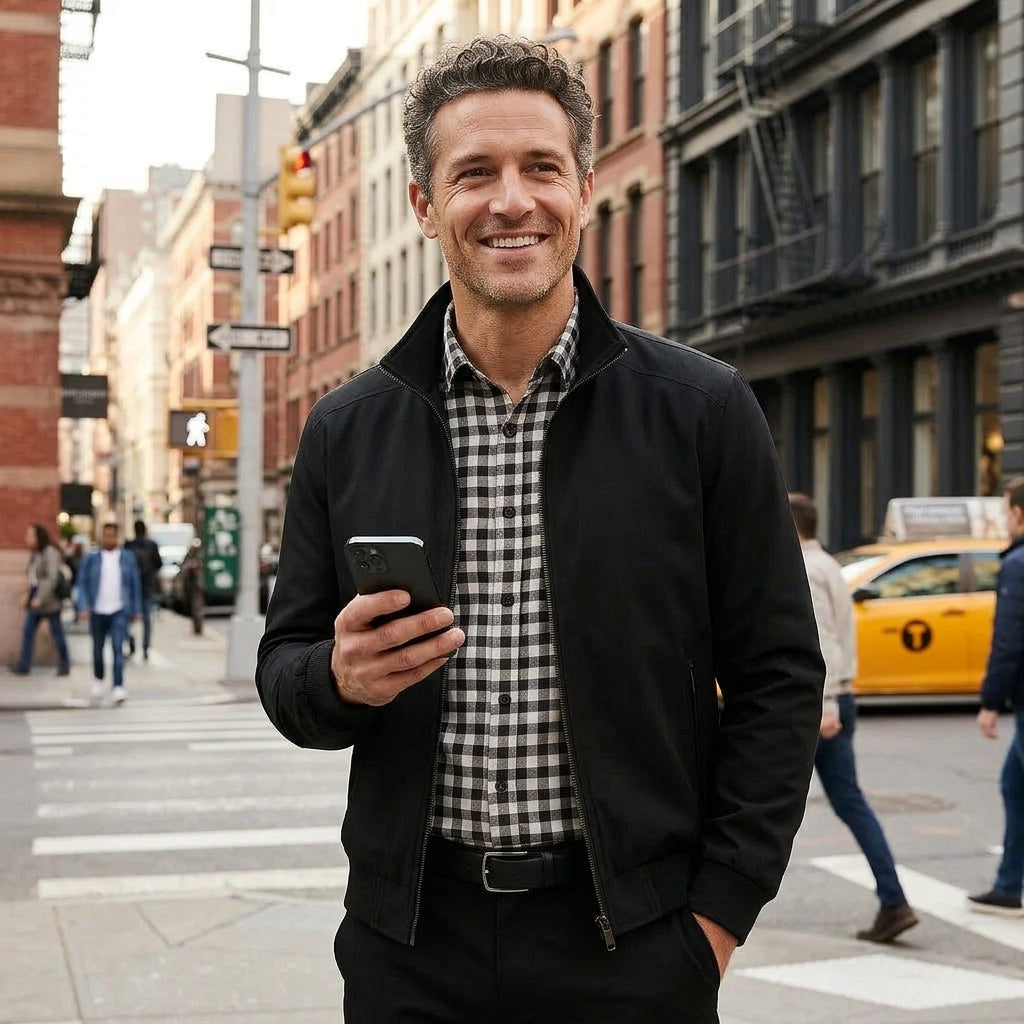 A man standing on a city street crosswalk holding a smartphone, wearing a black zip-up jacket over a black-and-white checkered shirt and dark trousers. Brick buildings, pedestrians, and a yellow taxi are visible in the background.