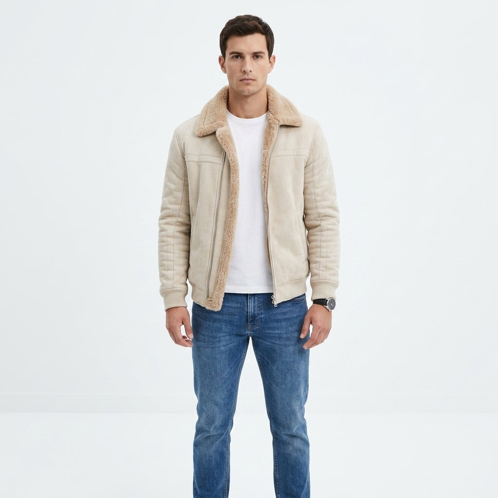 A man wearing a light beige shearling-lined suede jacket over a white t-shirt and blue jeans, standing against a plain white studio background.