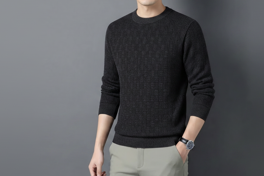 A man wearing a dark gray textured knit crewneck sweater and light gray trousers, standing against a solid gray background. 