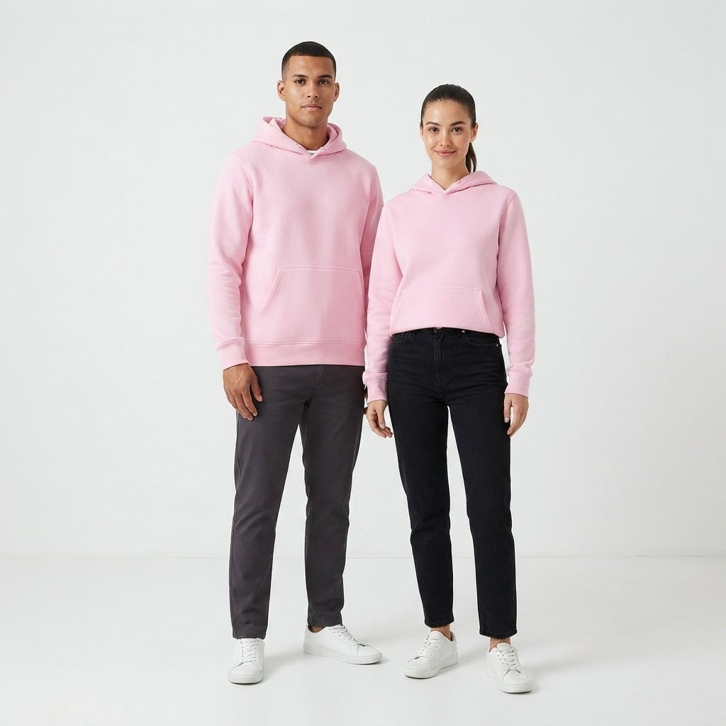 A man and a woman standing side by side in a studio, both wearing light pink pullover hoodies, dark pants, and white sneakers against a clean white background.