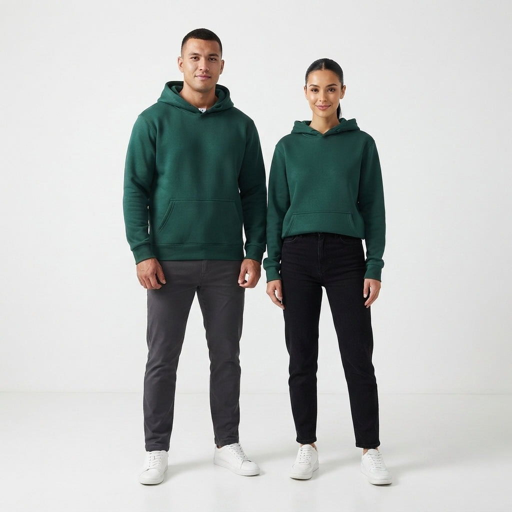 A man and a woman modeling matching dark green hooded sweatshirts, paired with dark gray and black pants respectively, standing against a clean white studio background.